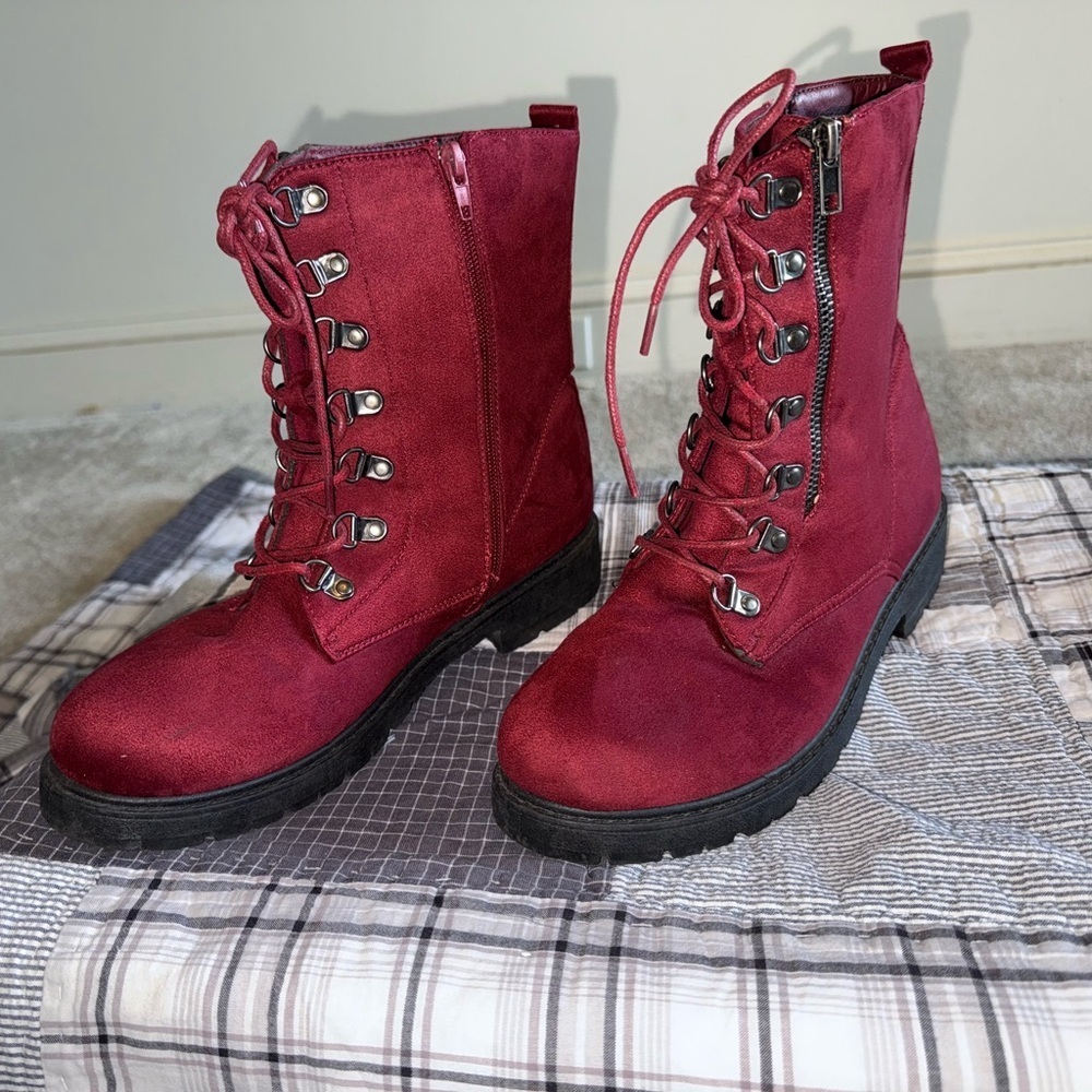 Burgundy Lace-Up Zippered Combat Boots - Picture 3 of 8
